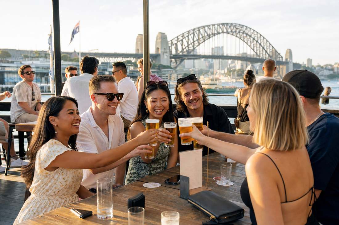 Friends toasting beers at an outdoor pub in Sydney, Australia