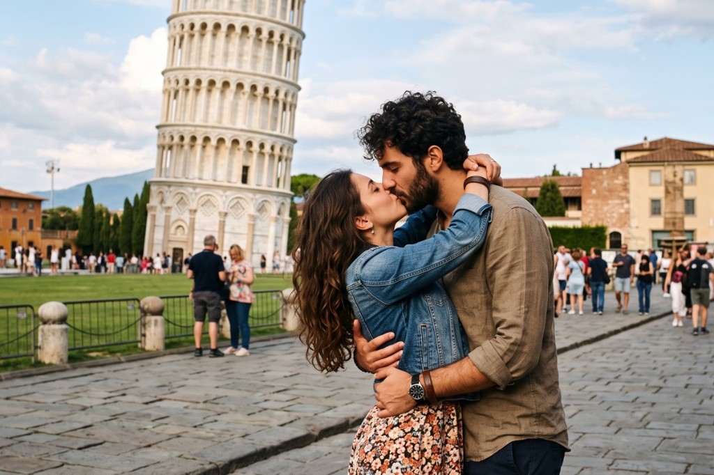 Couple kissing with the Leaning Tower of Pisa in the background
