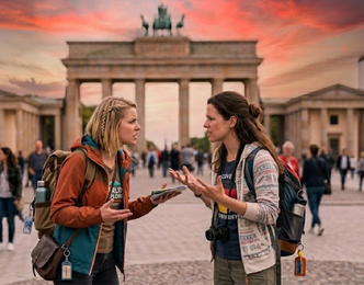 Two women talking in front of the Brandenburg Gate in Berlin
