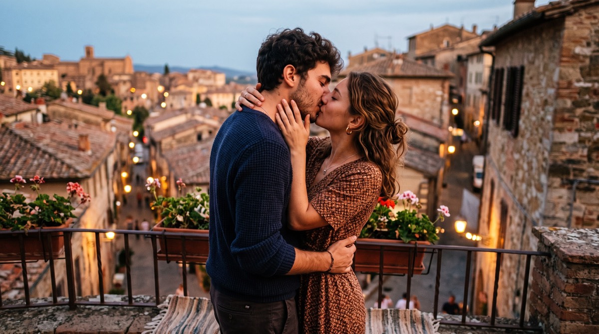Couple kissing on a balcony