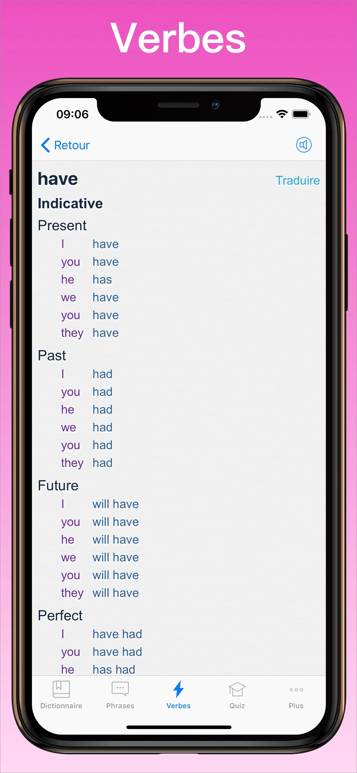 Dictionnaire Anglais Français + conjugueur de verbes sur iPhone