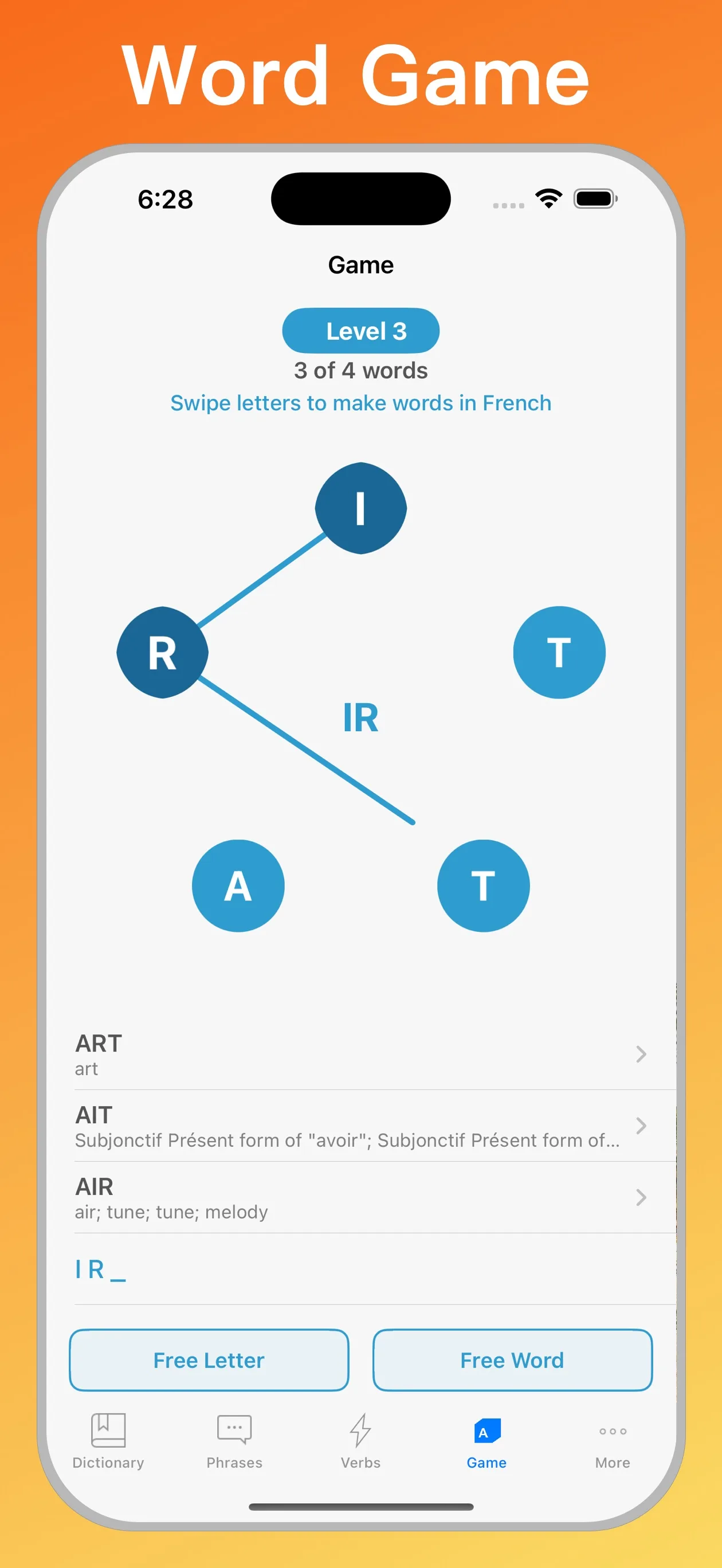 French English Dictionary + word game on iPhone