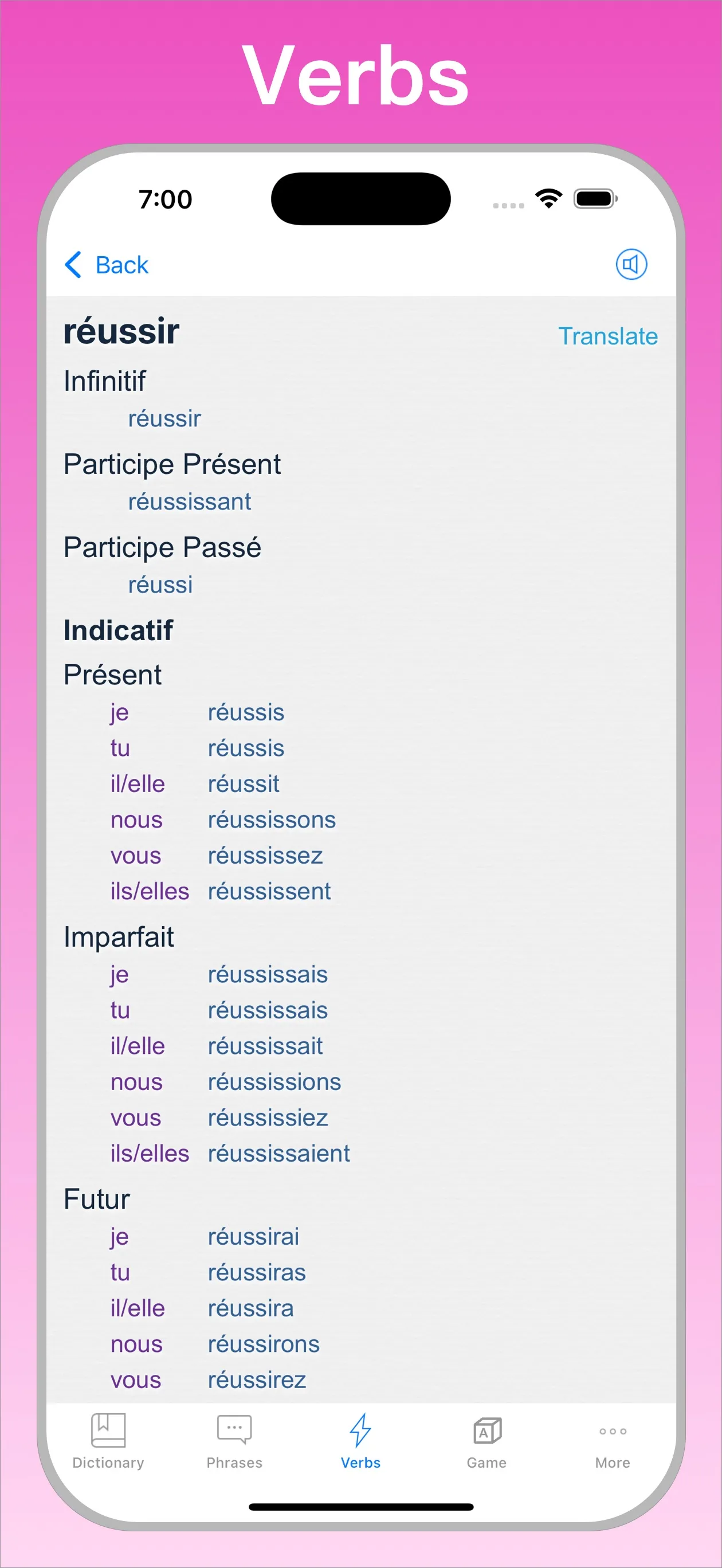 French English Dictionary + verb conjugator on iPhone