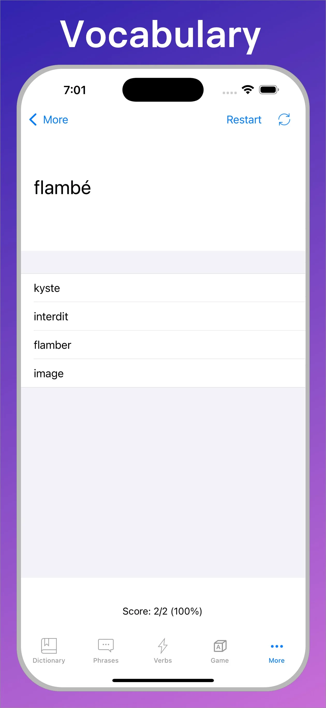 French English Dictionary + vocabulary quiz on iPhone