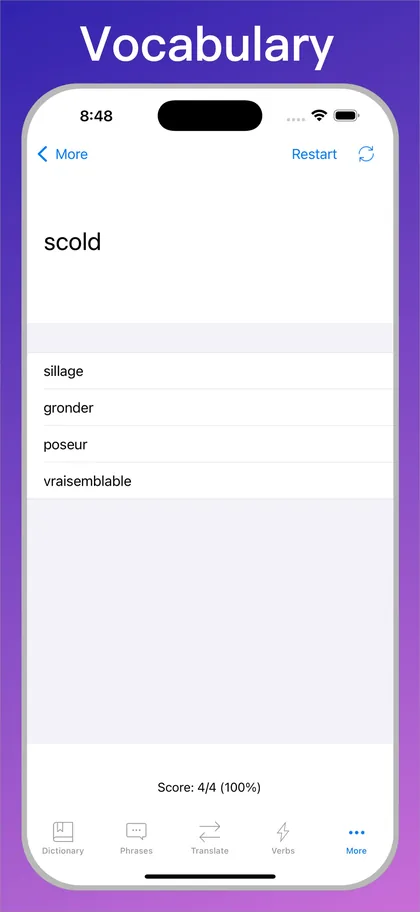 French Translator Dictionary + vocabulary quiz on iPhone