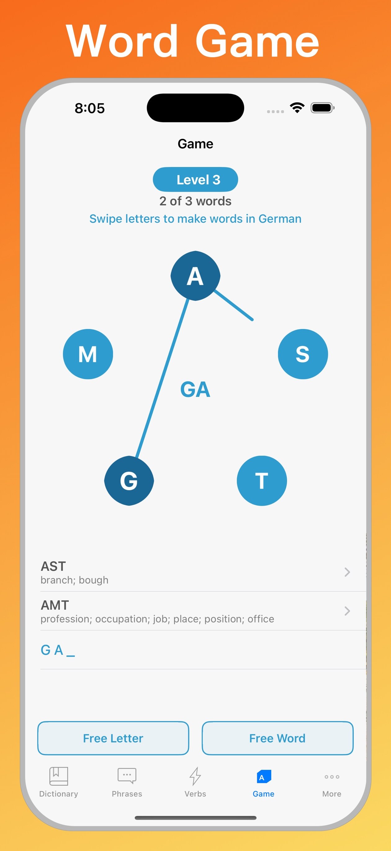 German English Dictionary + word game on iPhone