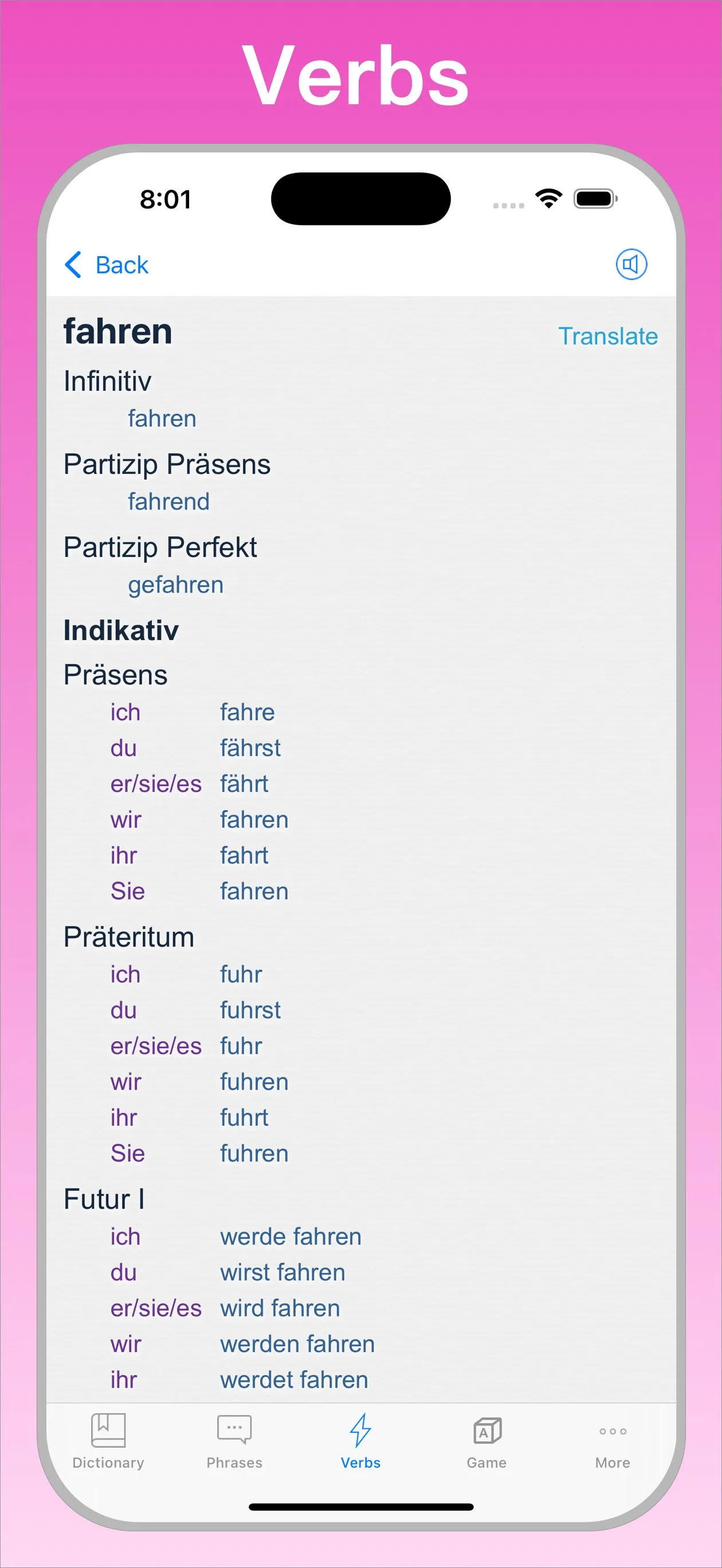 German English Dictionary + verb conjugator on iPhone