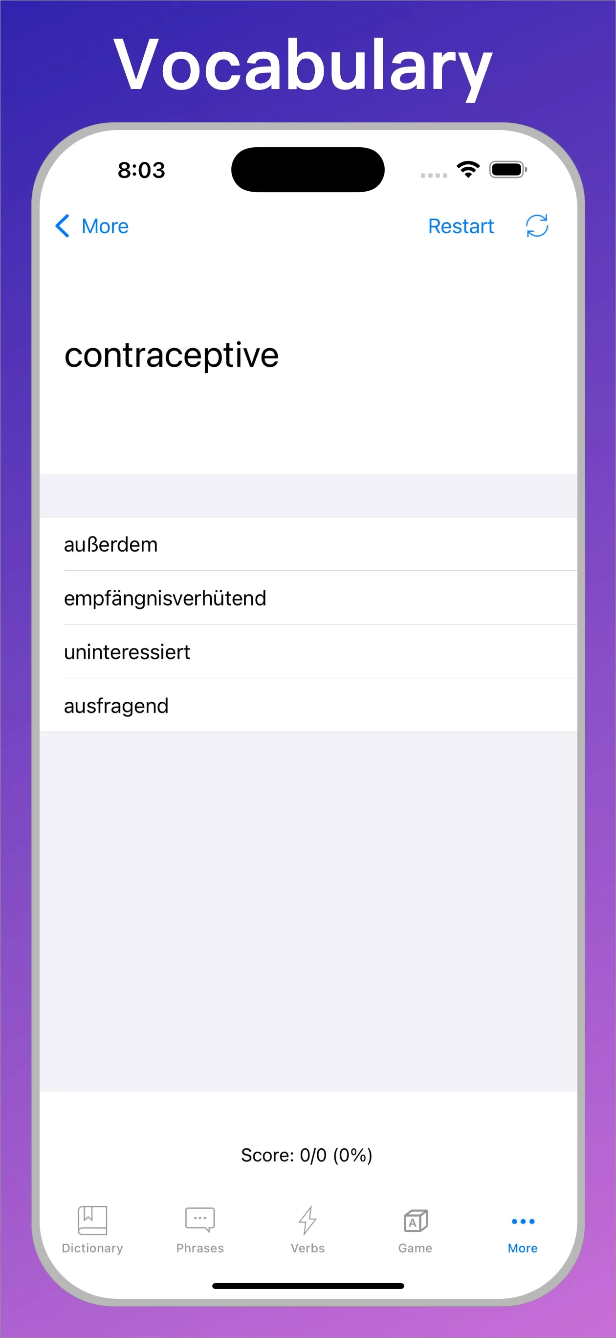 German English Dictionary + vocabulary quiz on iPhone