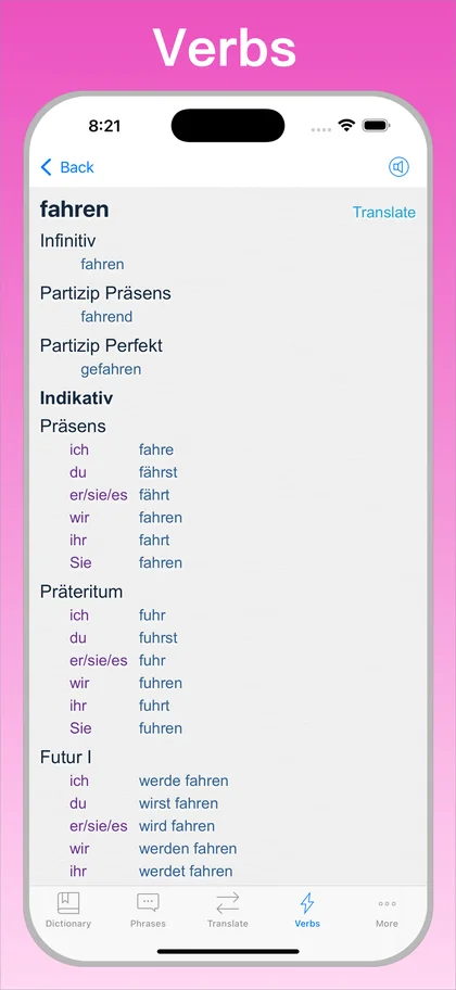 German Translator Dictionary + verb conjugator on iPhone