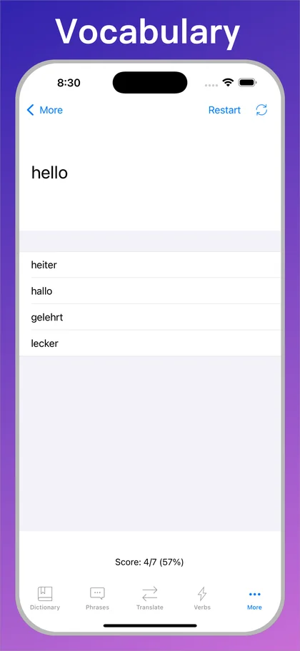 German Translator Dictionary + vocabulary quiz on iPhone