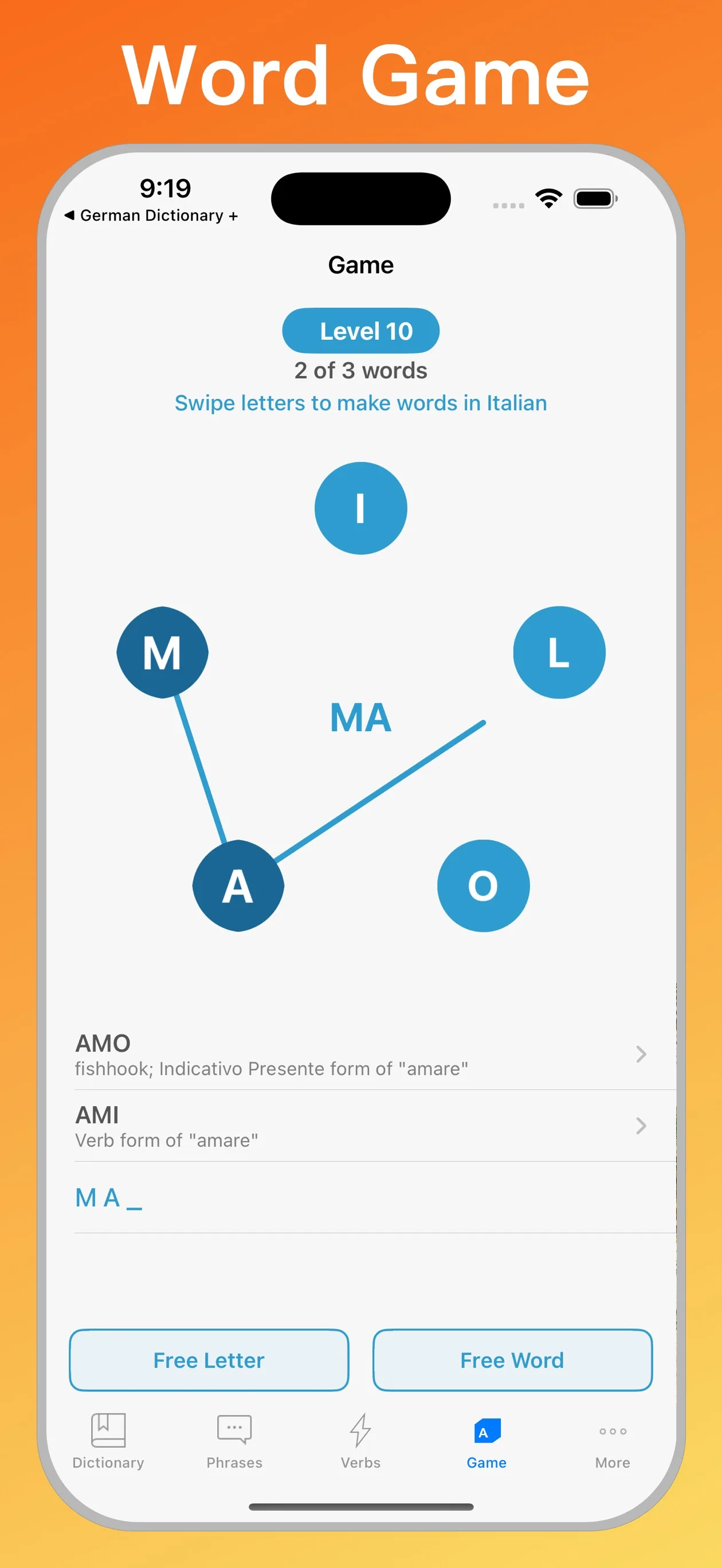 Italian English Dictionary + word game on iPhone