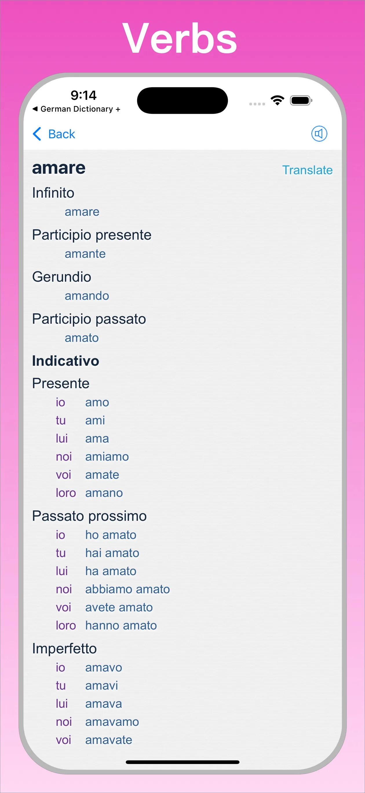 Italian English Dictionary + verb conjugator on iPhone