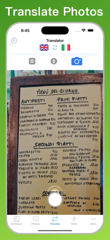 Italian Translator + photo translator on iPhone
