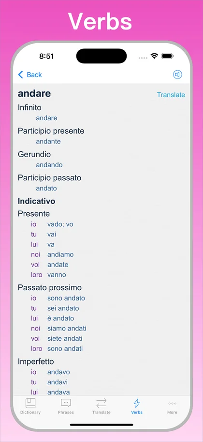 Italian Translator + verb conjugator on iPhone