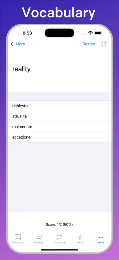 Italian Translator + vocabulary quiz on iPhone