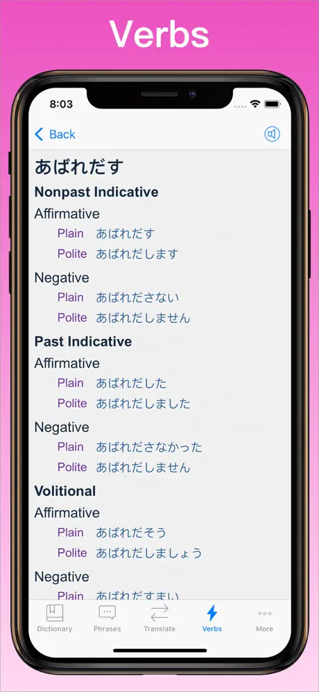 Japanese Translator + verb conjugator on iPhone