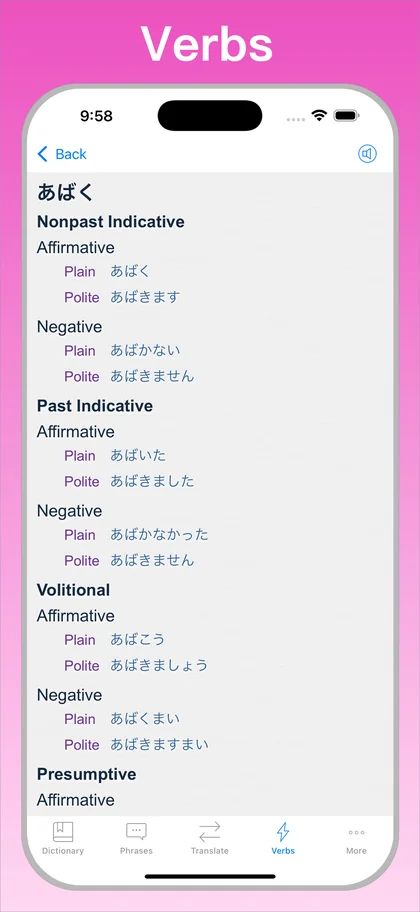 Japanese Translator + verb conjugator on iPhone