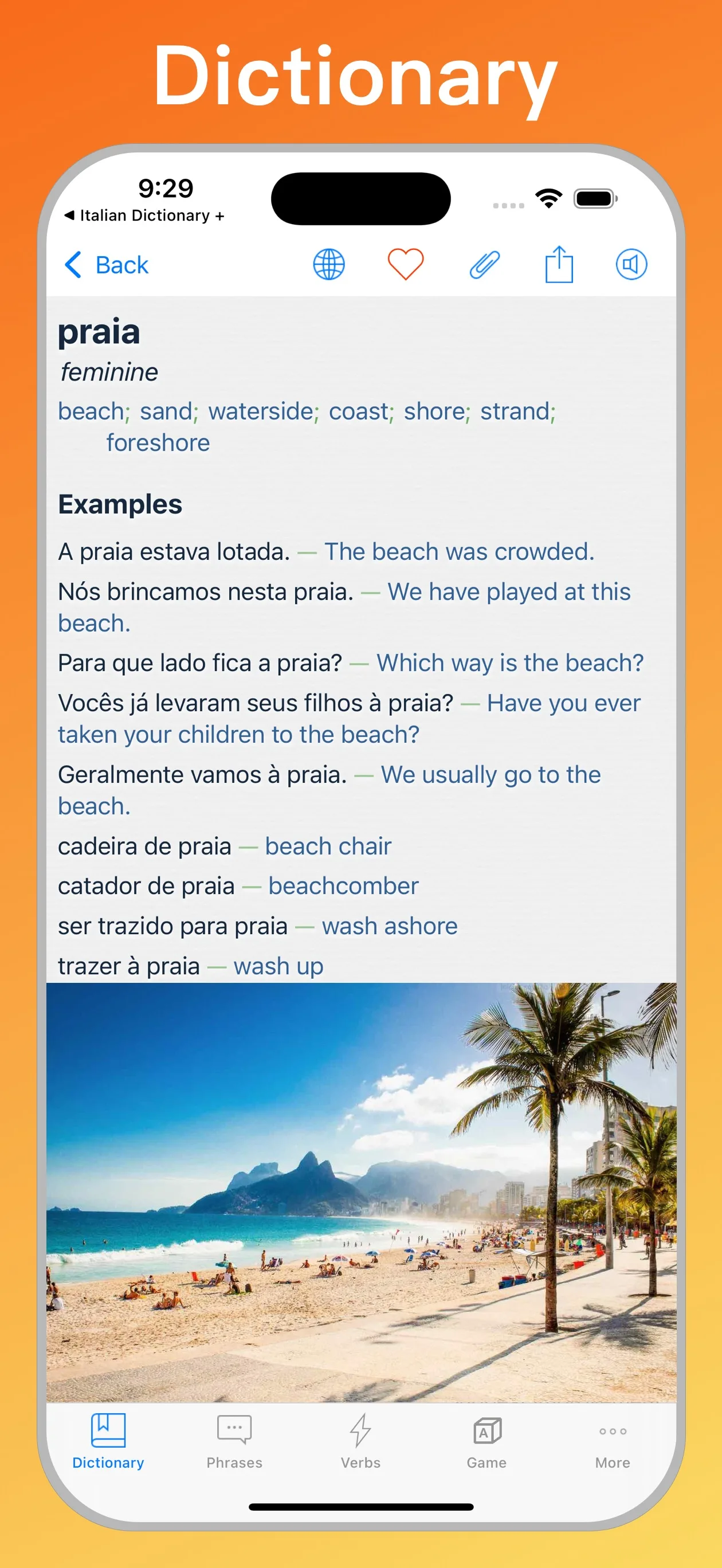 Portuguese English Dictionary + dictionary entry on iPhone