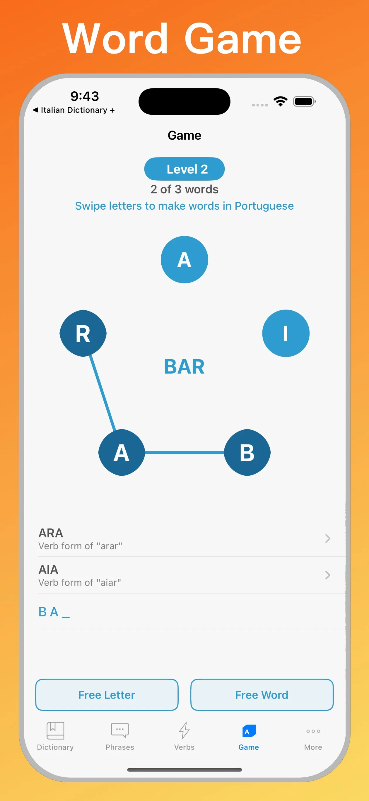 Portuguese English Dictionary + word game on iPhone