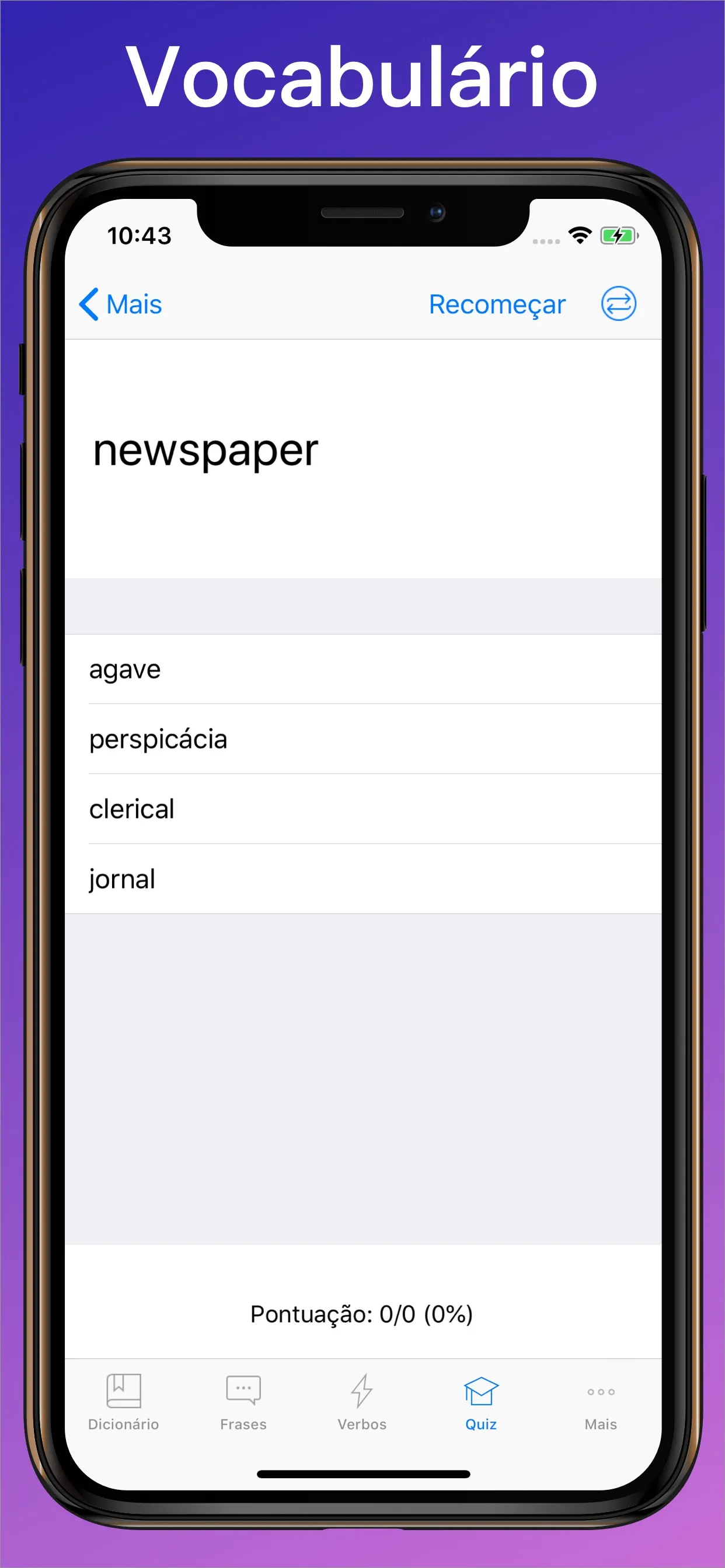 Dicionário Inglês Português + quiz de vocabulário no iPhone