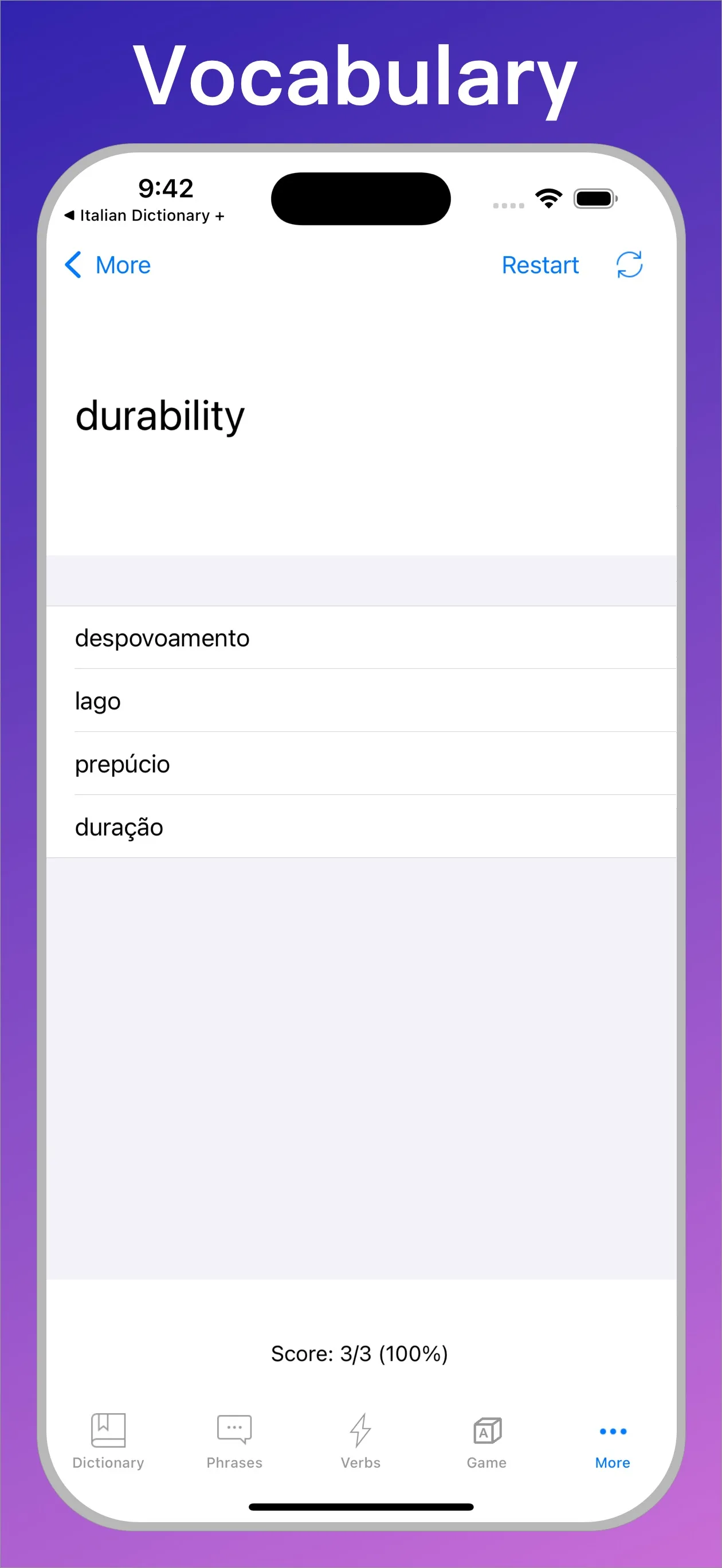 Portuguese English Dictionary + vocabulary quiz on iPhone