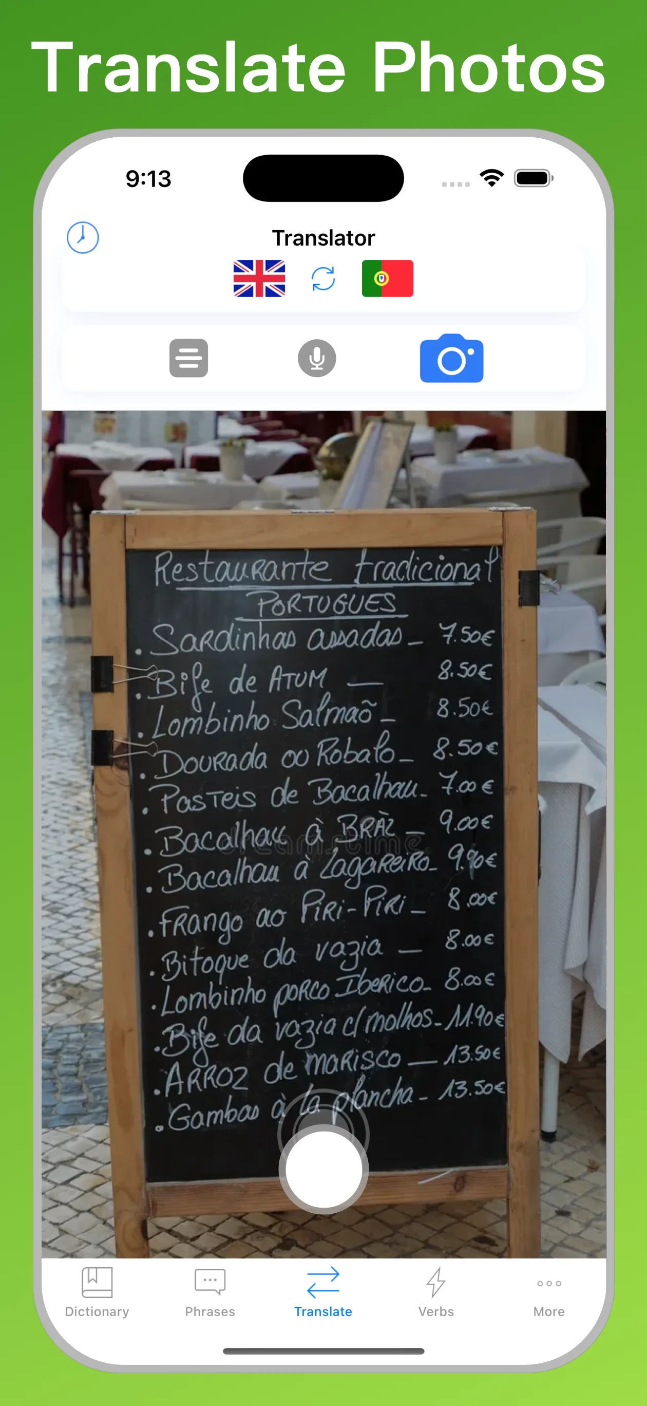 Portuguese Translator + photo translator on iPhone