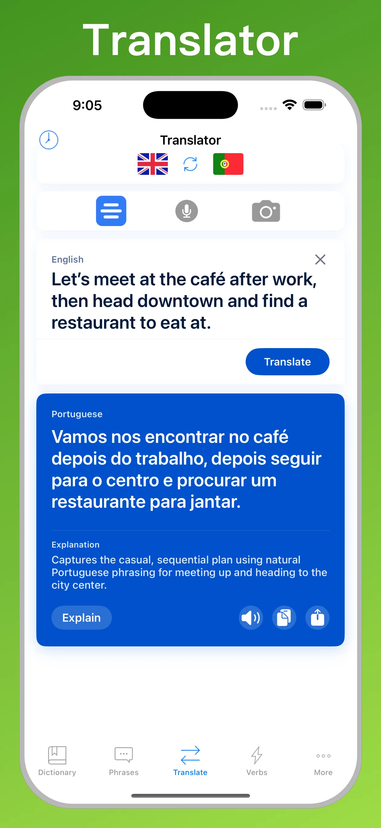 Portuguese Translator + text translator on iPhone