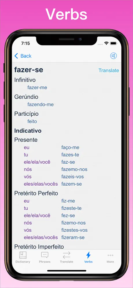 Portuguese Translator + verb conjugator on iPhone