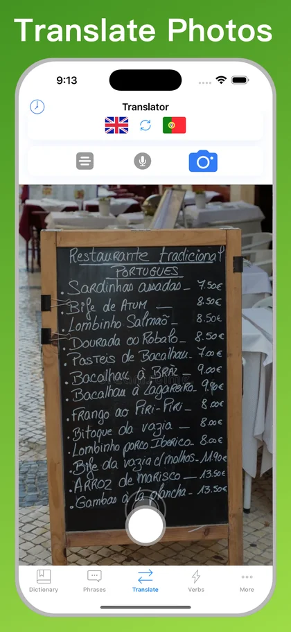 Portuguese Translator + photo translator on iPhone