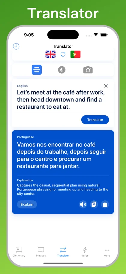 Portuguese Translator + text translator on iPhone
