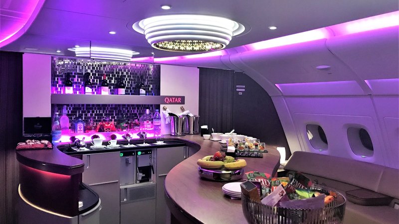 Qatar Airways onboard bar and lounge on an Airbus A380