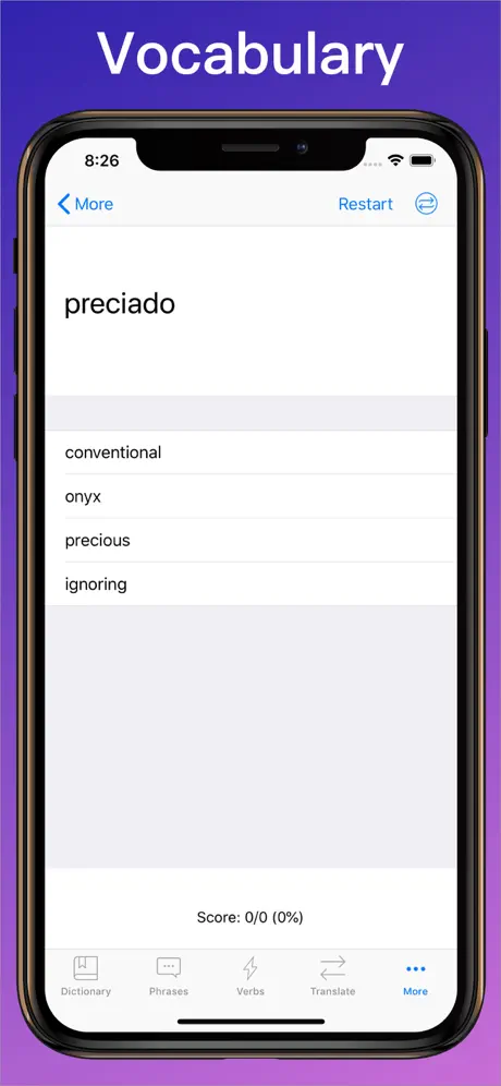 Spanish Translator + vocabulary quiz on iPhone
