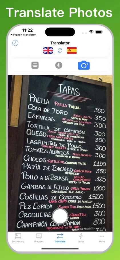 Spanish Translator + photo translator on iPhone