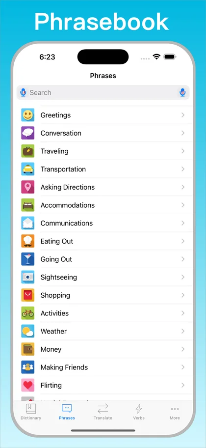 Spanish Translator + phrasebook on iPhone