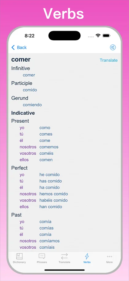 Spanish Translator + verb conjugator on iPhone