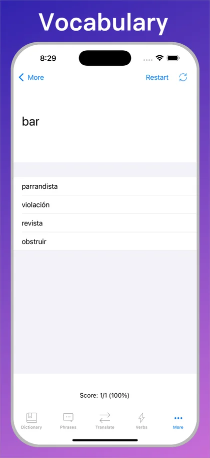 Spanish Translator + vocabulary quiz on iPhone