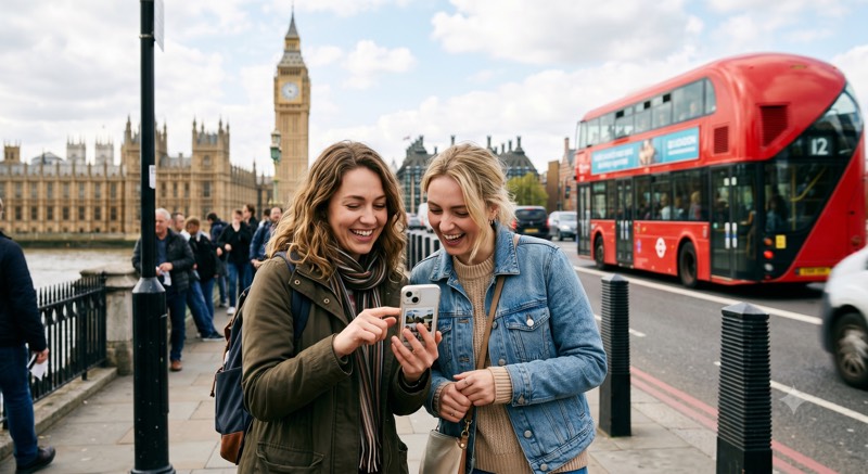 Women using AI Translator near Big Ben in London