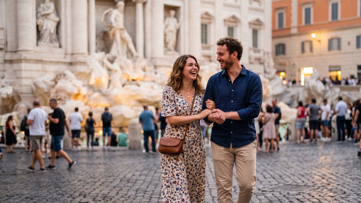 Happy couple walking in front of the Trevi Fountain in Rome