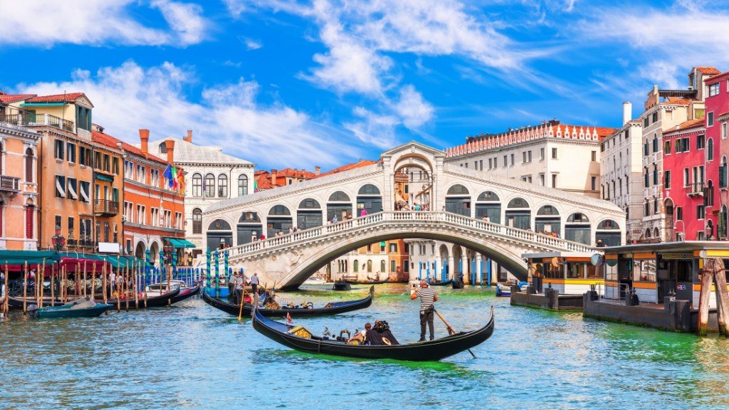 Gondolas on the Grand Canal with the Rialto Bridge in Venice