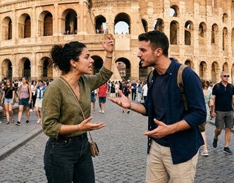 Couple arguing in front of the Colosseum in Rome