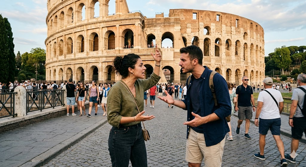 Pareja discutiendo frente al Coliseo en Roma