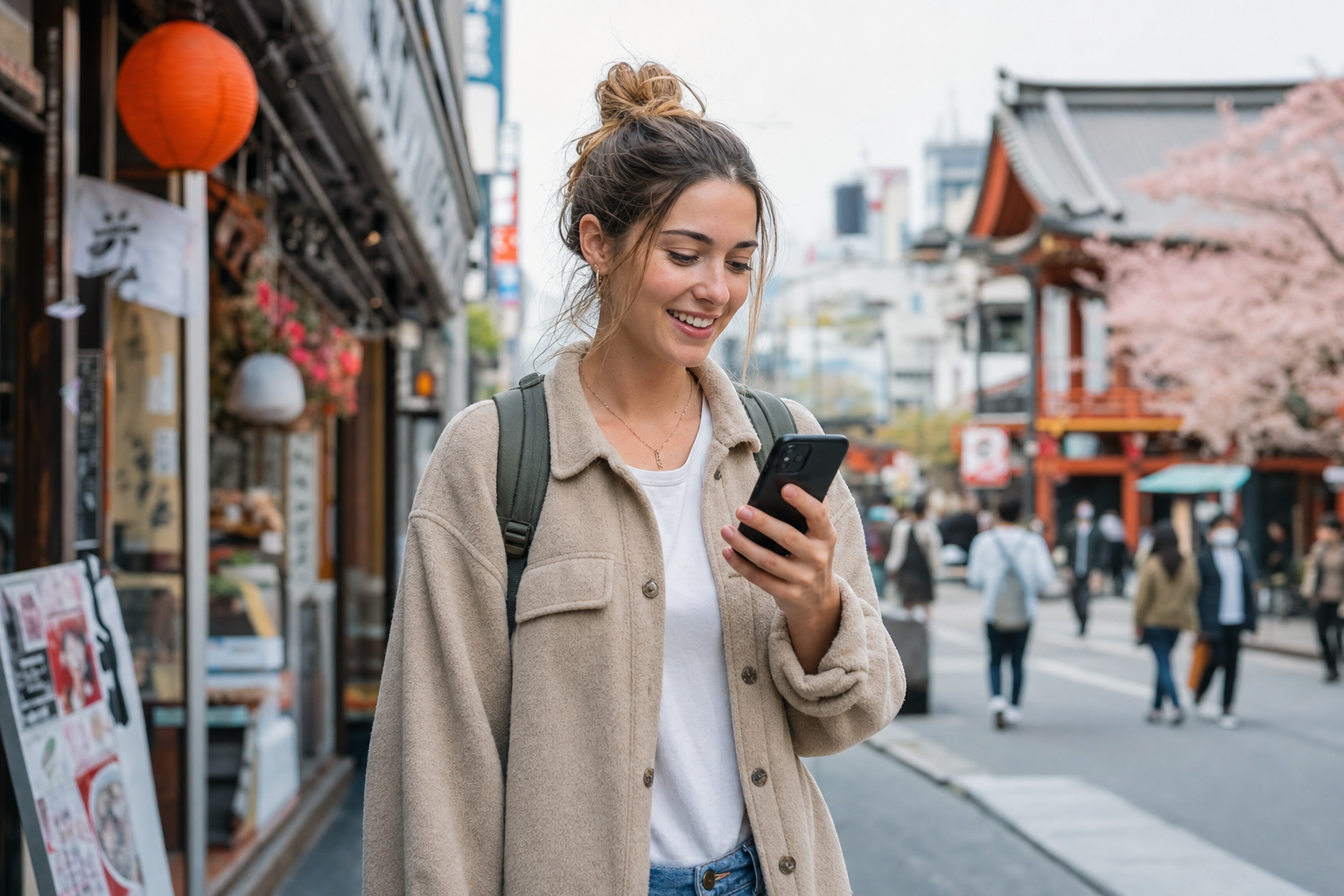 Young American woman in Japan using a translation app on her phone